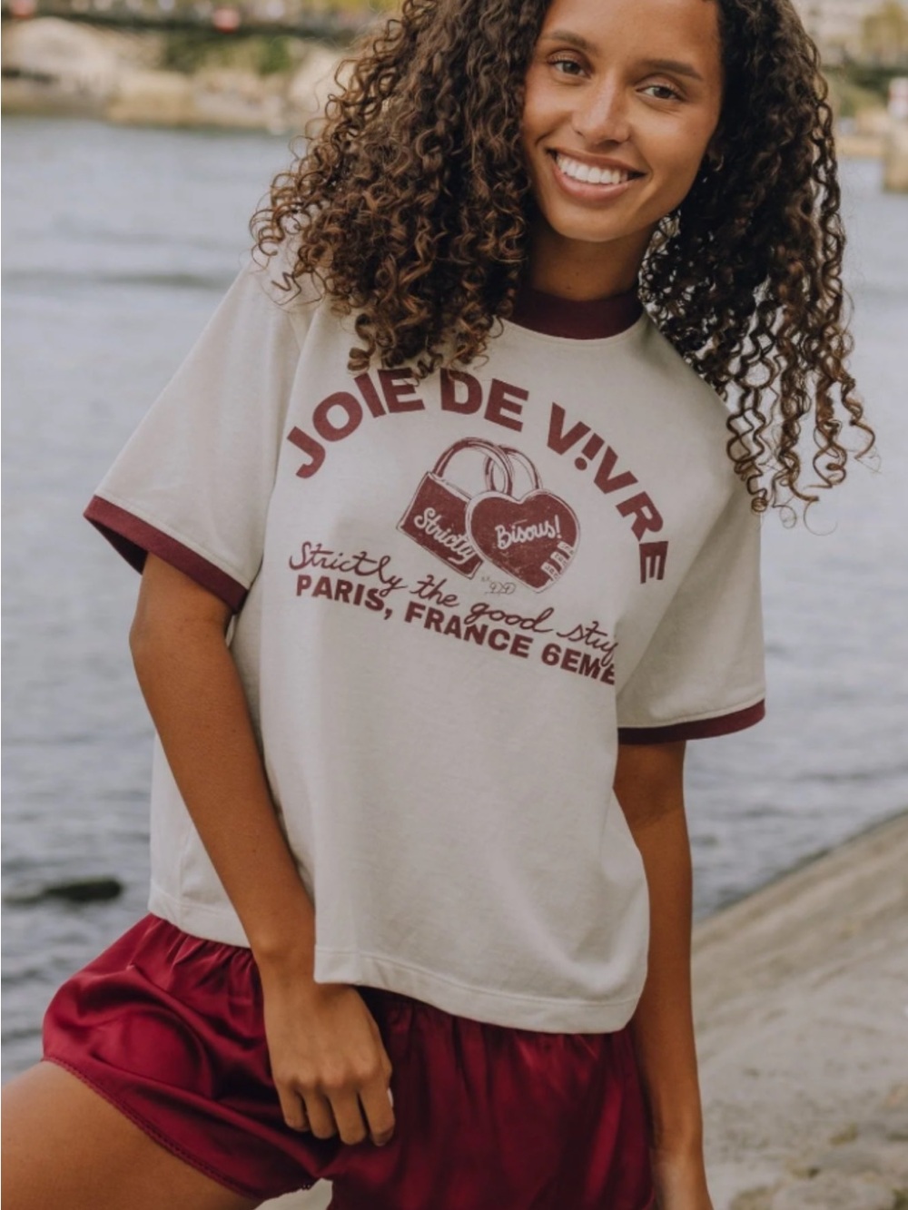 Daily Drills Cream Sleep Tee with Burgundy Trim